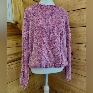 Vintage Pink Martini Velvet Chunky Knit Sweater Cable Women Large Y2K Balletcore
